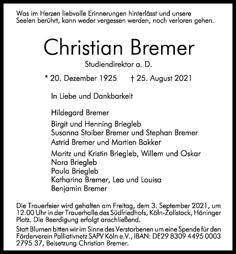  Traueranzeige für Christian Bremer vom 28.08.2021 aus Kölner Stadt-Anzeiger / Kölnische Rundschau / Express