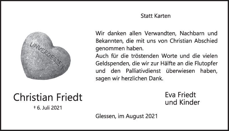  Traueranzeige für Christian Friedt vom 13.08.2021 aus  Werbepost 