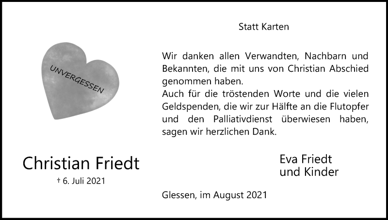  Traueranzeige für Christian Friedt vom 14.08.2021 aus Kölner Stadt-Anzeiger / Kölnische Rundschau / Express