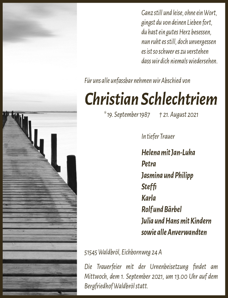  Traueranzeige für Christian Schlechtriem vom 27.08.2021 aus  Lokalanzeiger 