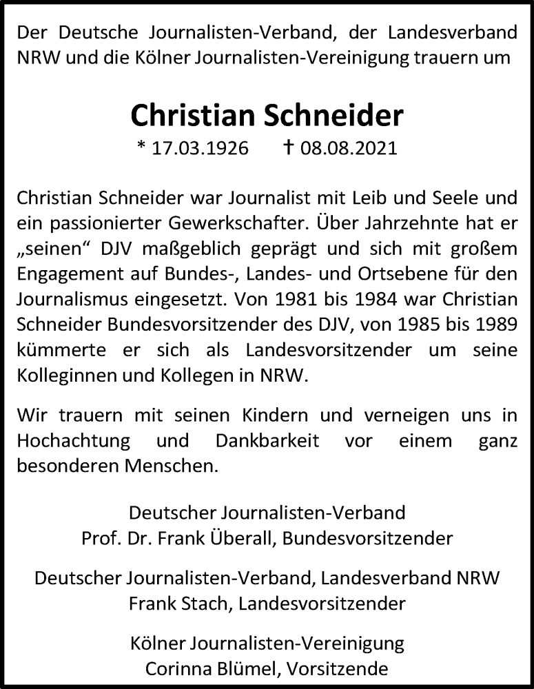  Traueranzeige für Christian Schneider vom 28.08.2021 aus Kölner Stadt-Anzeiger / Kölnische Rundschau / Express