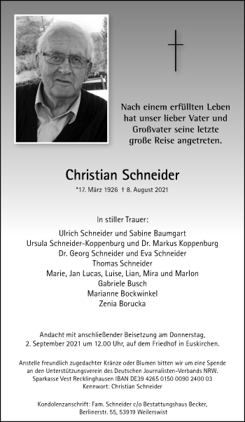 Anzeige von Christian Schneider von Kölner Stadt-Anzeiger / Kölnische Rundschau / Express