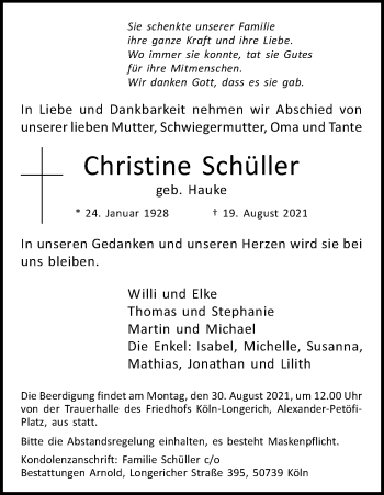 Anzeige von Christine Schüller von Kölner Stadt-Anzeiger / Kölnische Rundschau / Express