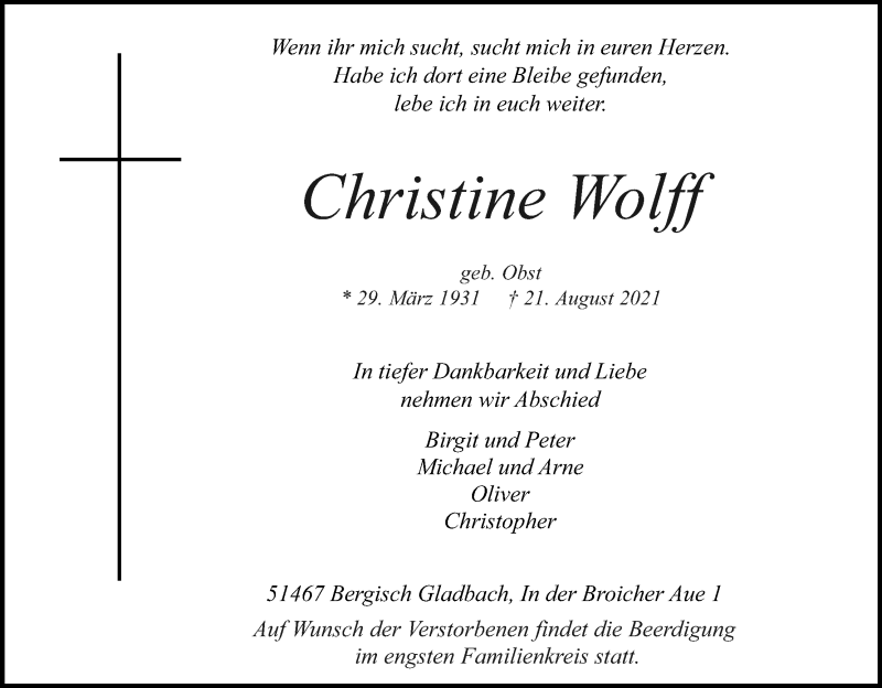  Traueranzeige für Christine Wolff vom 28.08.2021 aus Kölner Stadt-Anzeiger / Kölnische Rundschau / Express