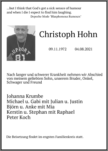 Anzeige von Christoph Hohn von Kölner Stadt-Anzeiger / Kölnische Rundschau / Express