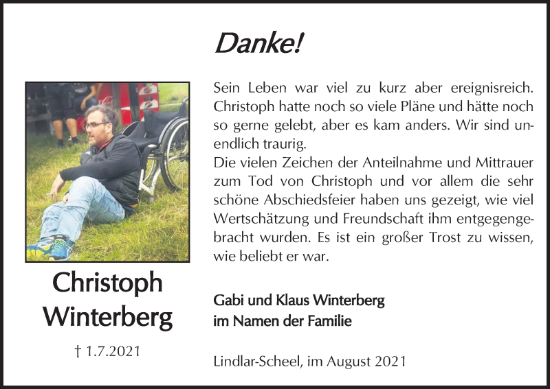 Traueranzeige für Christoph Winterberg vom 14.08.2021 aus Kölner Stadt-Anzeiger / Kölnische Rundschau / Express