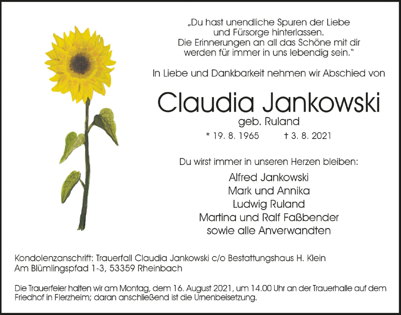  Traueranzeige für Claudia Jankowski vom 13.08.2021 aus  Schaufenster/Blickpunkt 