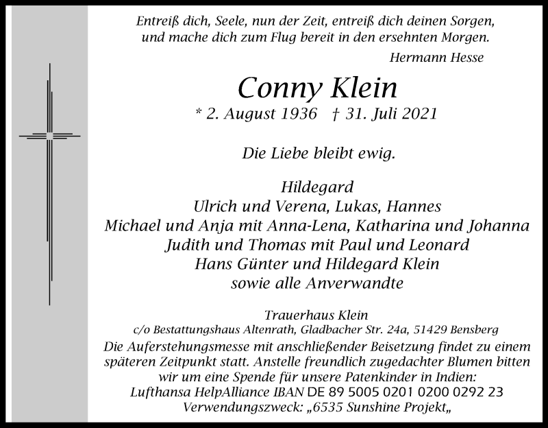 Traueranzeige für Conny Klein vom 14.08.2021 aus Kölner Stadt-Anzeiger / Kölnische Rundschau / Express
