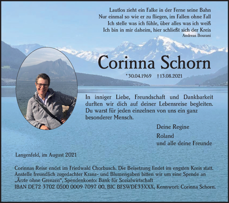  Traueranzeige für Corinna Schorn vom 21.08.2021 aus Kölner Stadt-Anzeiger / Kölnische Rundschau / Express