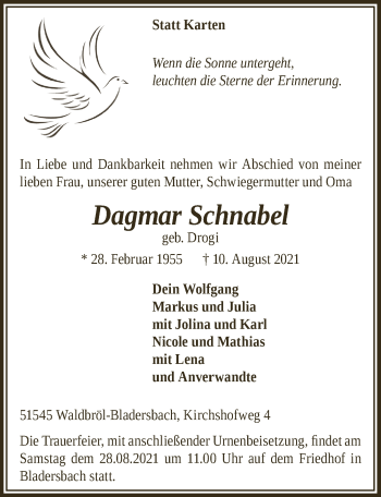 Anzeige von Dagmar Schnabel von  Lokalanzeiger 