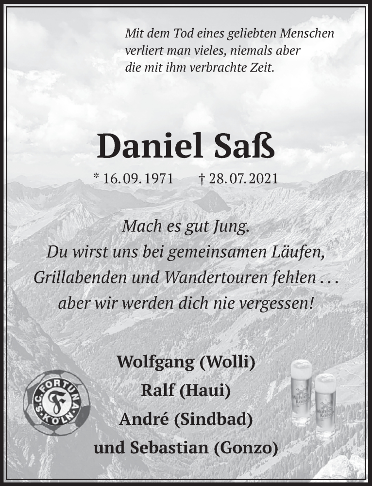  Traueranzeige für Daniel Saß vom 27.08.2021 aus  Wochenende 