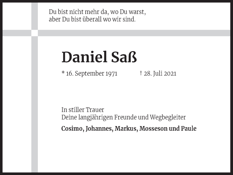  Traueranzeige für Daniel Saß vom 21.08.2021 aus Kölner Stadt-Anzeiger / Kölnische Rundschau / Express