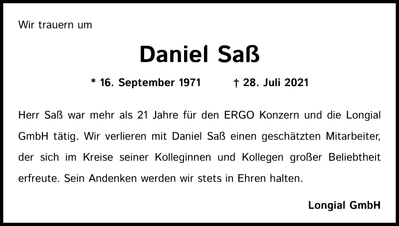  Traueranzeige für Daniel Saß vom 21.08.2021 aus Kölner Stadt-Anzeiger / Kölnische Rundschau / Express