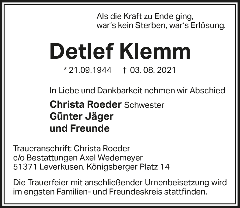  Traueranzeige für Detlef Klemm vom 13.08.2021 aus  Lokale Informationen 
