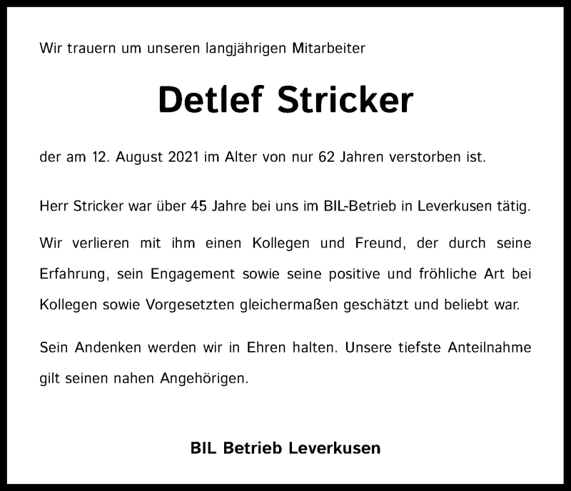  Traueranzeige für Detlef Stricker vom 19.08.2021 aus Kölner Stadt-Anzeiger / Kölnische Rundschau / Express