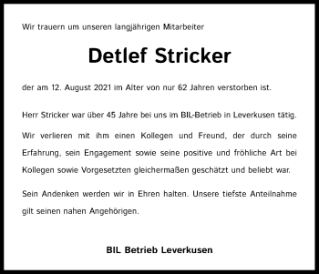 Anzeige von Detlef Stricker von Kölner Stadt-Anzeiger / Kölnische Rundschau / Express