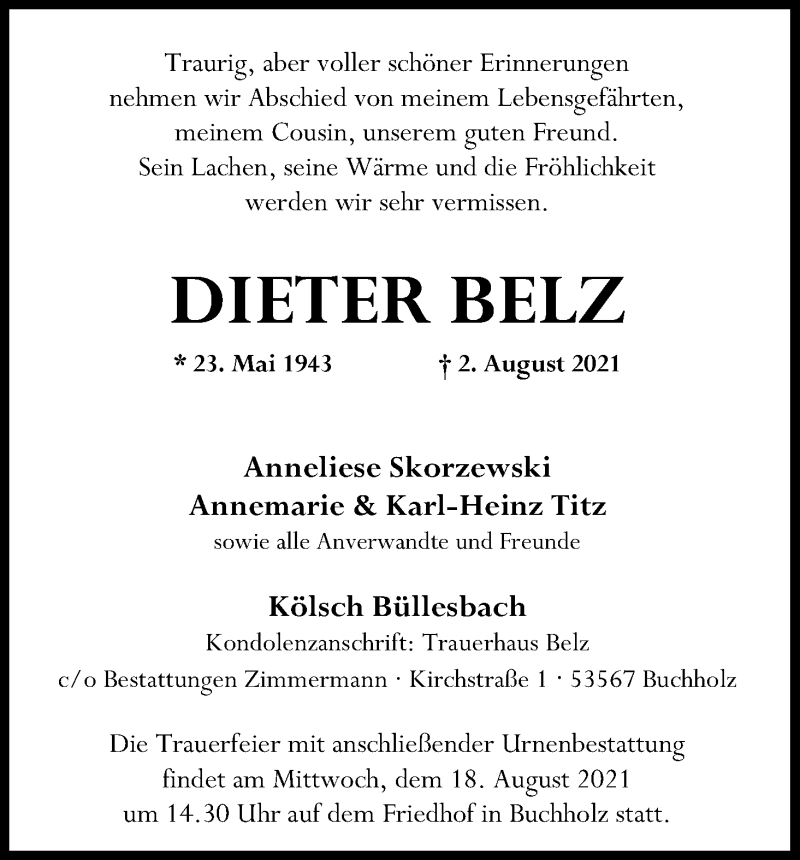  Traueranzeige für Dieter Belz vom 07.08.2021 aus Kölner Stadt-Anzeiger / Kölnische Rundschau / Express