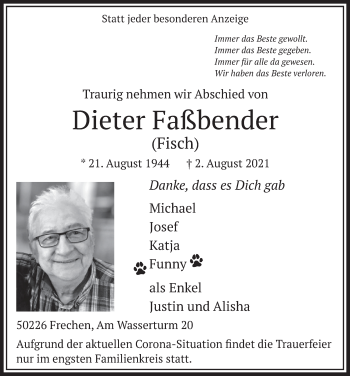 Anzeige von Dieter Faßbender von  Wochenende 