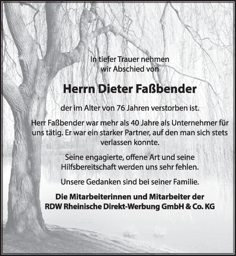  Traueranzeige für Dieter Faßbender vom 13.08.2021 aus  Wochenende 
