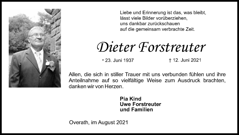  Traueranzeige für Dieter Forstreuter vom 07.08.2021 aus Kölner Stadt-Anzeiger / Kölnische Rundschau / Express