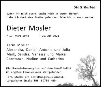 Anzeige von Dieter Mosler von Kölner Stadt-Anzeiger / Kölnische Rundschau / Express