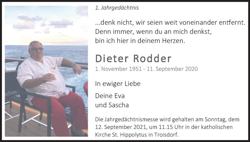  Traueranzeige für Dieter Rodder vom 28.08.2021 aus Kölner Stadt-Anzeiger / Kölnische Rundschau / Express