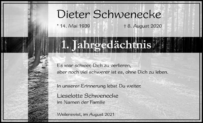  Traueranzeige für Dieter Schwenecke vom 07.08.2021 aus  Blickpunkt Euskirchen 