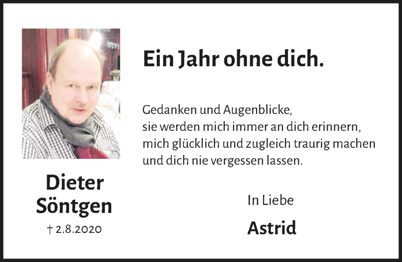  Traueranzeige für Dieter Söntgen vom 06.08.2021 aus  Schlossbote/Werbekurier 