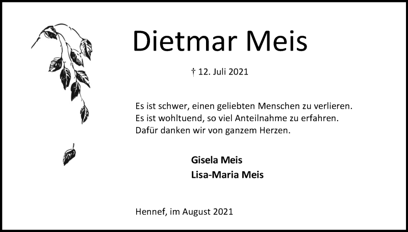  Traueranzeige für Dietmar Meis vom 07.08.2021 aus Kölner Stadt-Anzeiger / Kölnische Rundschau / Express