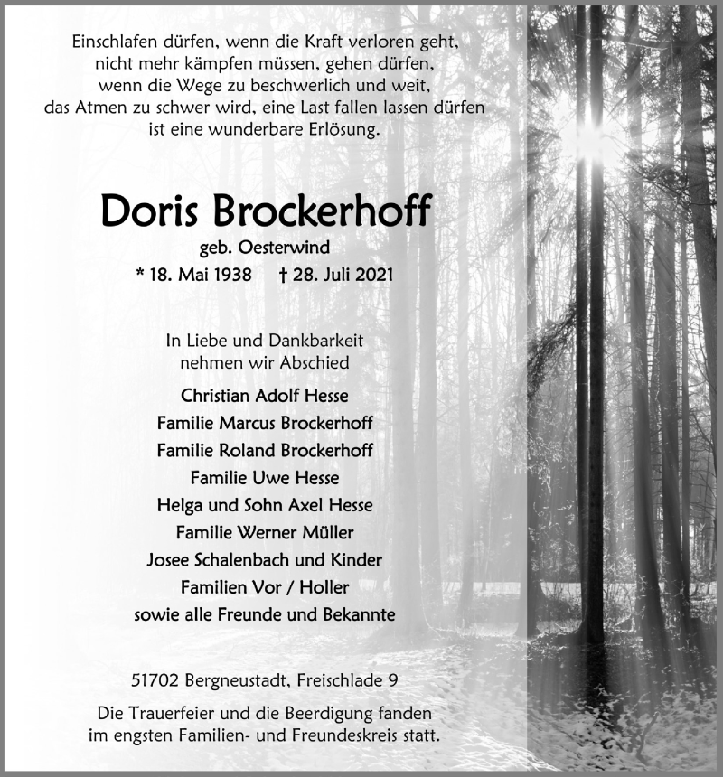  Traueranzeige für Doris Brockerhoff vom 13.08.2021 aus  Anzeigen Echo 