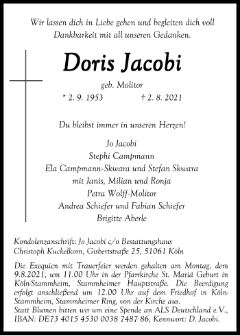 Anzeige von Doris Jacobi von Kölner Stadt-Anzeiger / Kölnische Rundschau / Express