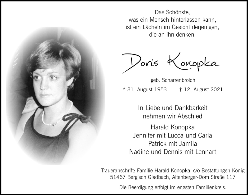  Traueranzeige für Doris Konopka vom 20.08.2021 aus  Bergisches Handelsblatt 