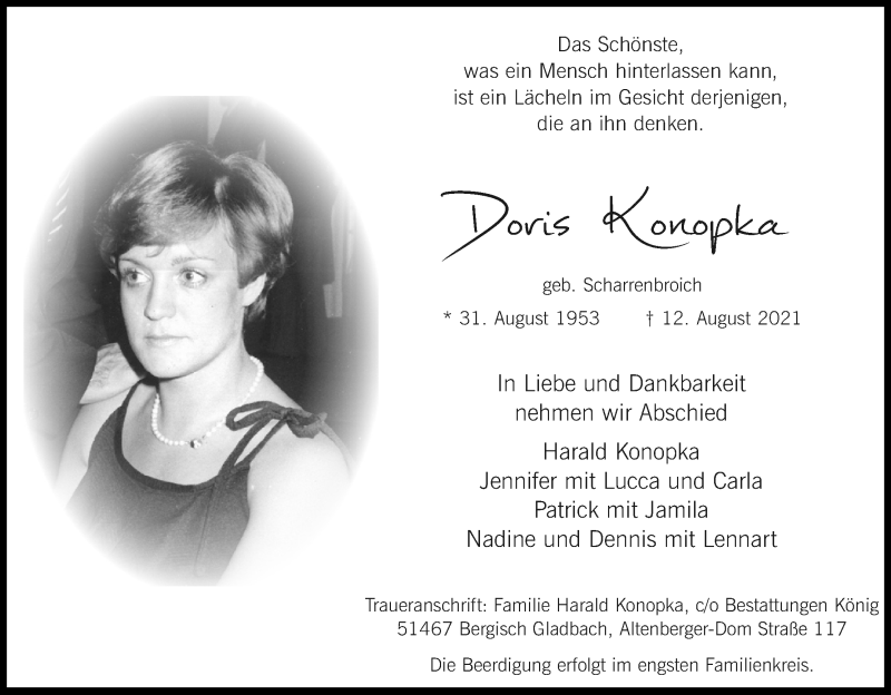  Traueranzeige für Doris Konopka vom 21.08.2021 aus Kölner Stadt-Anzeiger / Kölnische Rundschau / Express