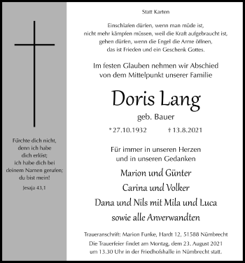 Anzeige von Doris Lang von  Lokalanzeiger 