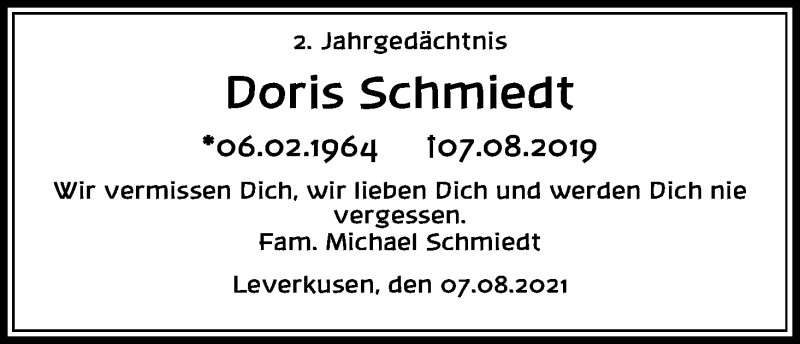 Traueranzeige für Doris Schmiedt vom 07.08.2021 aus Kölner Stadt-Anzeiger / Kölnische Rundschau / Express