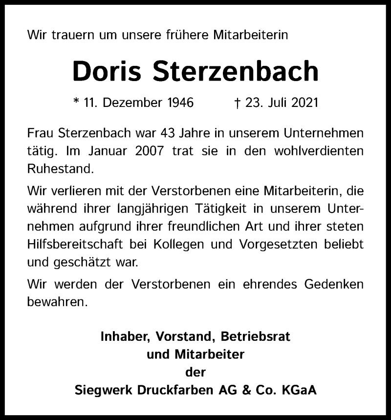  Traueranzeige für Doris Sterzenbach vom 11.08.2021 aus Kölner Stadt-Anzeiger / Kölnische Rundschau / Express