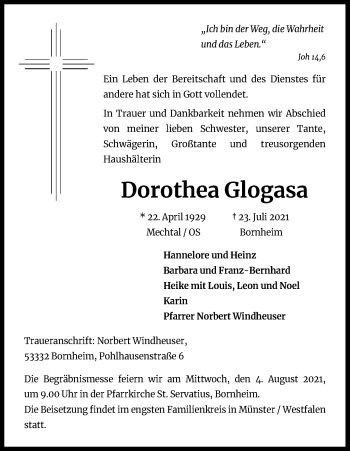 Anzeige von Dorothea Glogasa von Kölner Stadt-Anzeiger / Kölnische Rundschau / Express
