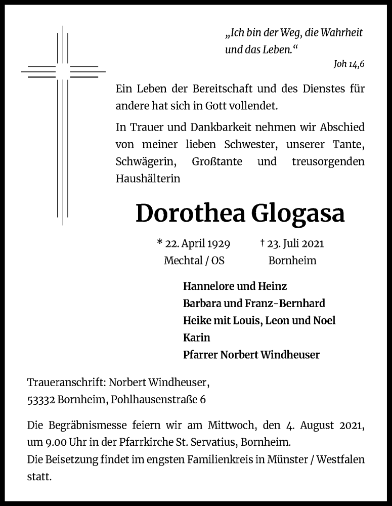  Traueranzeige für Dorothea Glogasa vom 03.08.2021 aus Kölner Stadt-Anzeiger / Kölnische Rundschau / Express