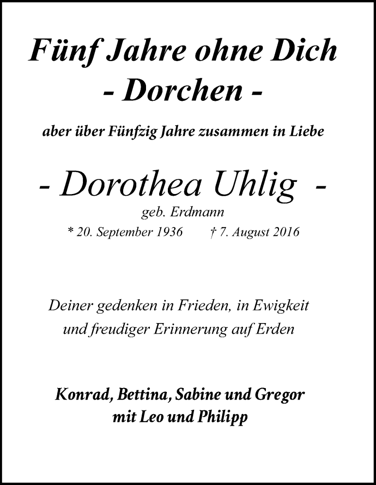  Traueranzeige für Dorothea Uhlig vom 07.08.2021 aus Kölner Stadt-Anzeiger / Kölnische Rundschau / Express