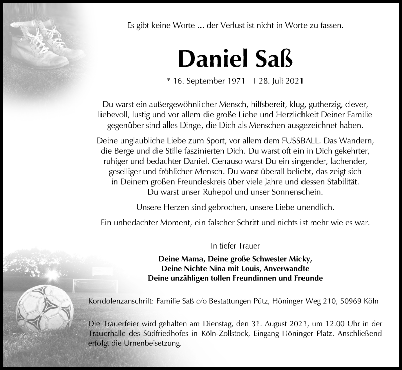  Traueranzeige für Daniel Saß vom 23.08.2021 aus Zeitungsgruppe Köln