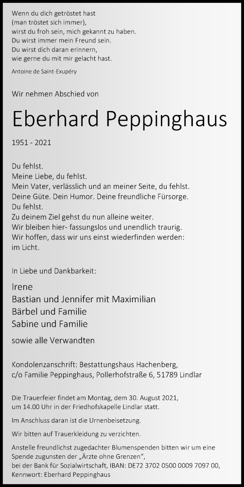  Traueranzeige für Eberhard Peppinghaus vom 21.08.2021 aus Kölner Stadt-Anzeiger / Kölnische Rundschau / Express