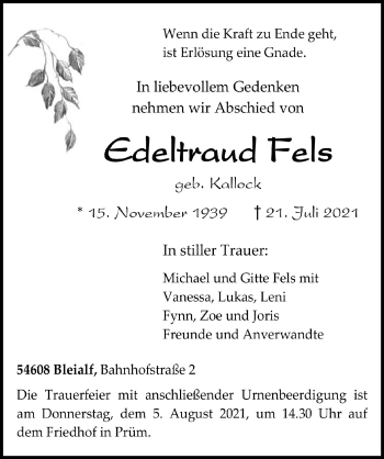 Anzeige von Edeltraud Fels von  Anzeigen Echo 