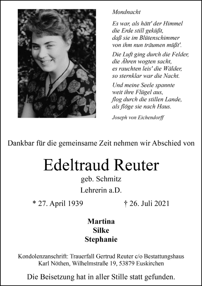  Traueranzeige für Edeltraud Reuter vom 28.08.2021 aus  Blickpunkt Euskirchen 