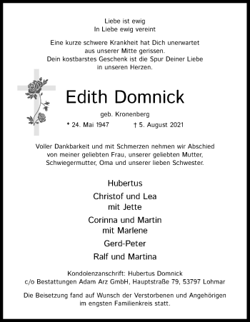 Anzeige von Edith Domnick von Kölner Stadt-Anzeiger / Kölnische Rundschau / Express