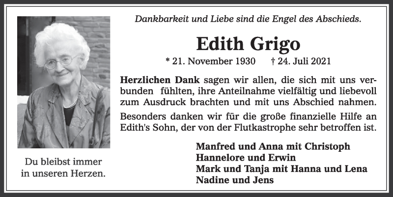  Traueranzeige für Edith Grigo vom 27.08.2021 aus  Werbepost 