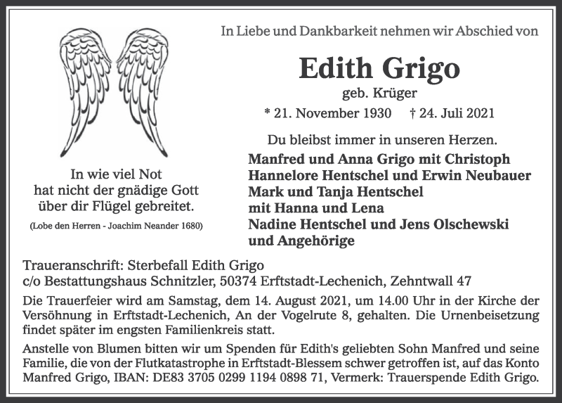  Traueranzeige für Edith Grigo vom 06.08.2021 aus  Werbepost 