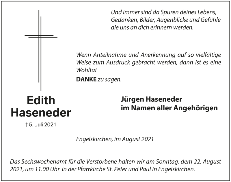  Traueranzeige für Edith Haseneder vom 13.08.2021 aus  Anzeigen Echo 