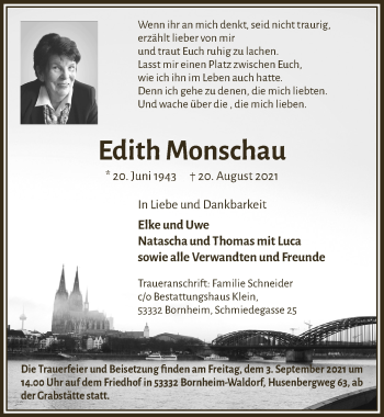 Anzeige von Edith Monschau von  Kölner Wochenspiegel 