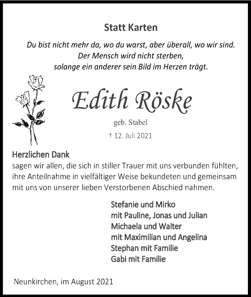 Traueranzeige für Edith Röske vom 06.08.2021 aus Kölner Stadt-Anzeiger / Kölnische Rundschau / Express