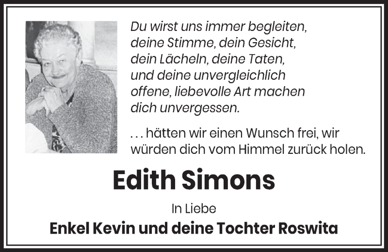  Traueranzeige für Edith Simons vom 20.08.2021 aus  Wochenende 